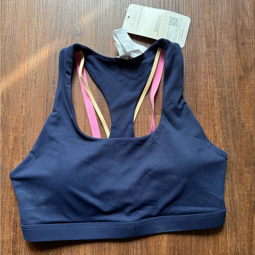 Fabletics Navy Sports Bra with Pink and Tan Straps
